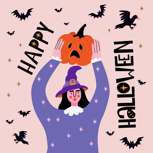 一个穿着万圣节服装的女人正拿着雕刻好的南瓜。装饰着字母。平的性格。节日的心情。图片下载