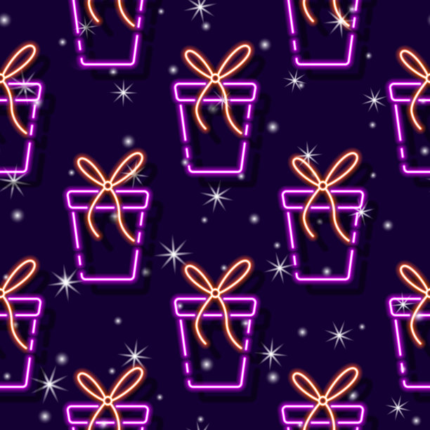 礼品盒霓虹无缝图案。为设计，卡片，织物，邀请，广告，网站，商店，招牌的向量背景。新年和圣诞节的概念。图片下载
