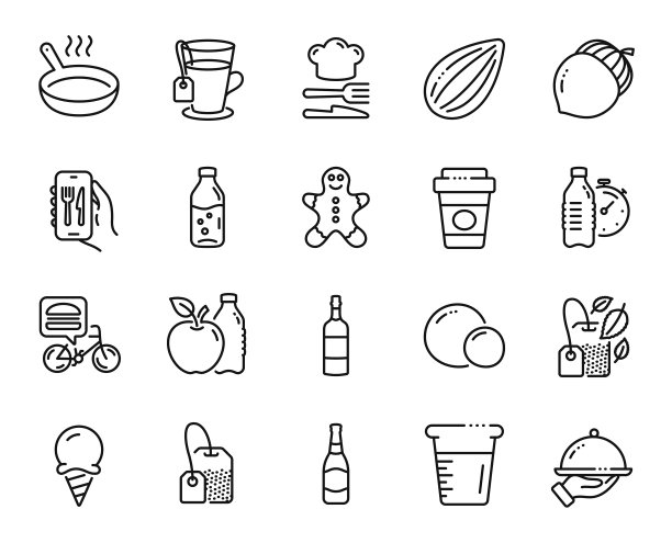 向量集健身水，茶和苹果线图标集。向量图片下载