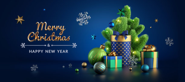 3 d渲染。圣诞快乐贺卡，新年横旗。蓝色背景与礼品盒，装饰品，绿色云杉和节日的文字图片下载