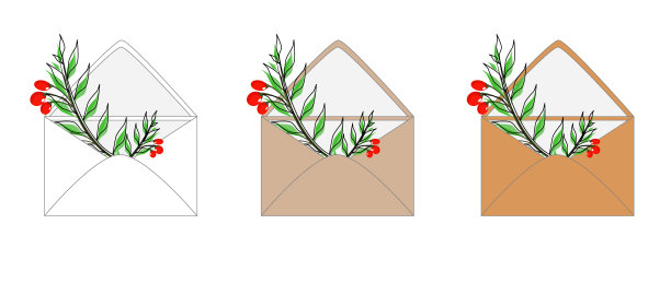 信封里装着绿色的枸杞小枝。在白色背景上。一套不同颜色的信封。绘制时尚矢量明信片图片下载