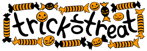 Trick or treat - Vector黑色手绘题词在水平矩形框架糖果在不同的包装在万圣节风格。喜庆的旗帜，标题，平面风格的装饰图片下载