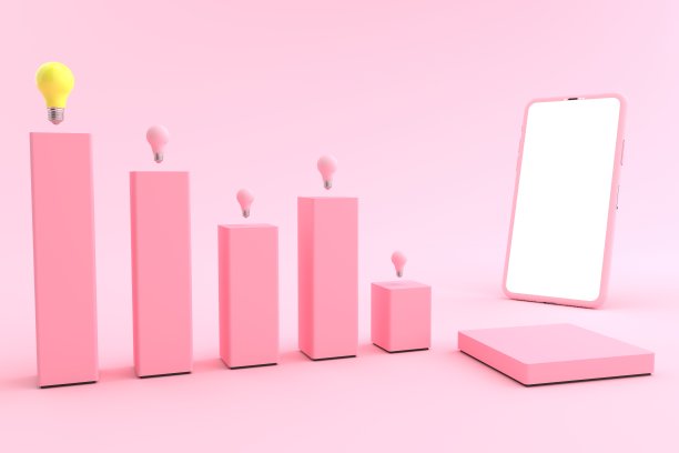 3D渲染模型粉色智能手机白色屏幕对面的模型向上粉红色条形图排序高低有一个灯泡在顶部。智能手机白屏可用于商业广告。图片下载