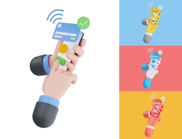 手与手机与网上银行隔离在彩色背景。通过电子钱包进行信用卡支付。通过电话和联网卡购物。三维演示图片下载