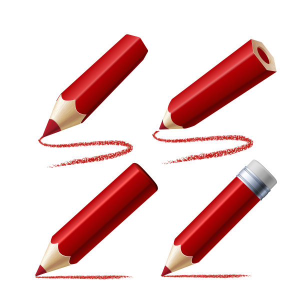 一套红色铅笔孤立在白色背景。图片下载