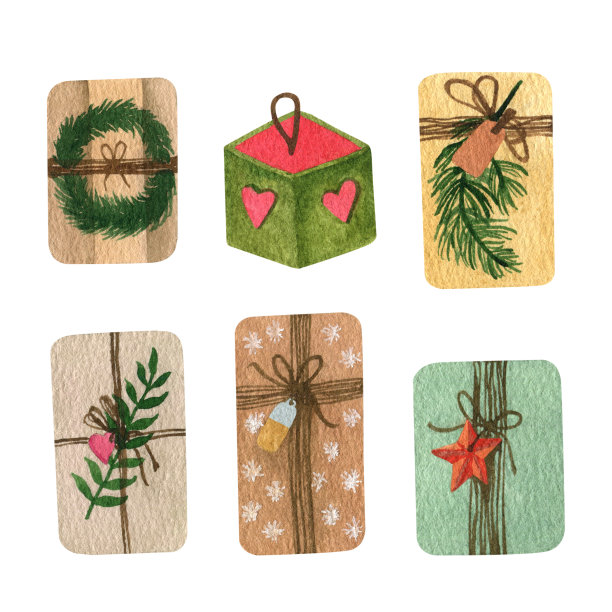 可爱的水彩收藏礼盒。圣诞节和新年假期。乡村圣诞剪纸艺术图片下载