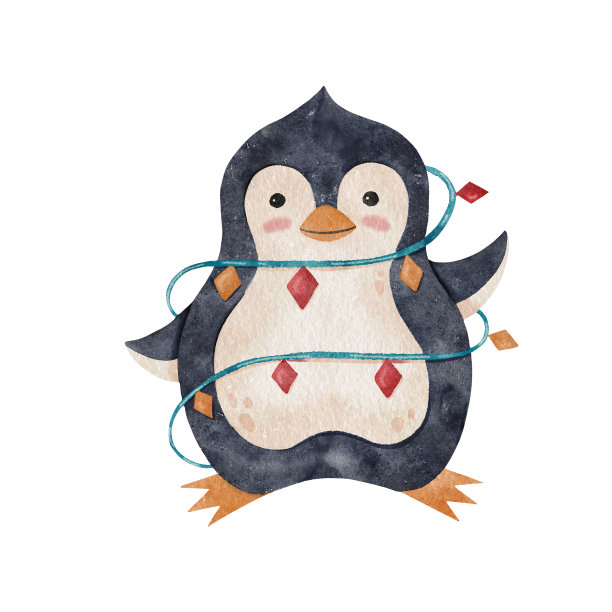 圣诞彩灯下可爱的水彩画企鹅。儿童卡通新年插图与可爱的企鹅贺卡，贴纸和邀请。圣诞动物被隔离在白色。图片下载