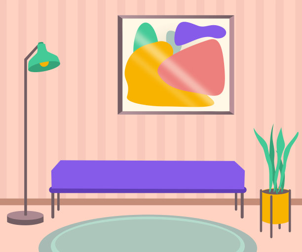 配有长凳、落地灯、盆栽植物和相框的候车室图片下载