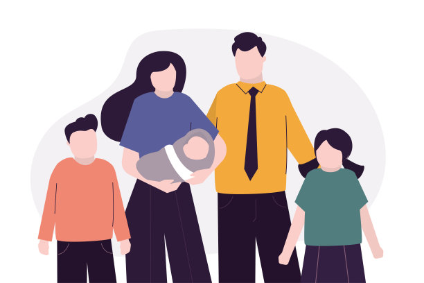 全家福。新生儿和孩子的幸福父母。可爱的人。卡通妈妈，爸爸和三个孩子。幸福夫妻图片下载