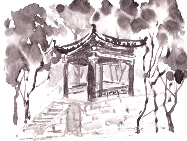 中国传统风格的凉亭，宣纸墨画图片下载