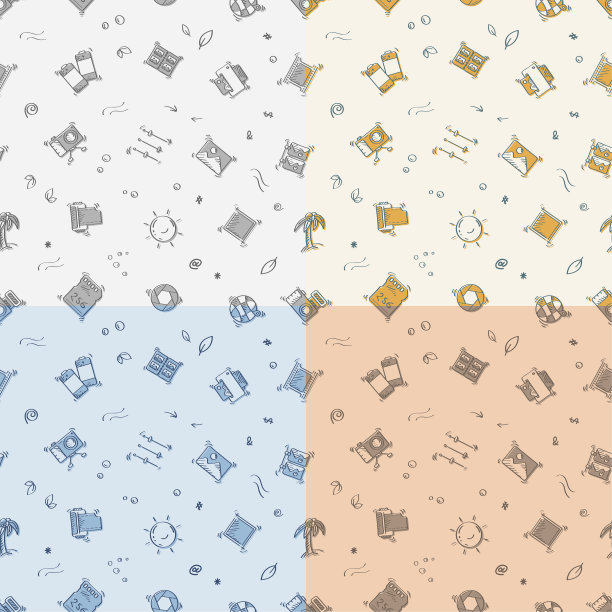 一组无缝模式与涂鸦线性图标。打印完成的照片。相机，胶卷，存储卡，镜头。用于在织物上装饰和印刷的装饰物。设计元素。向量图片下载