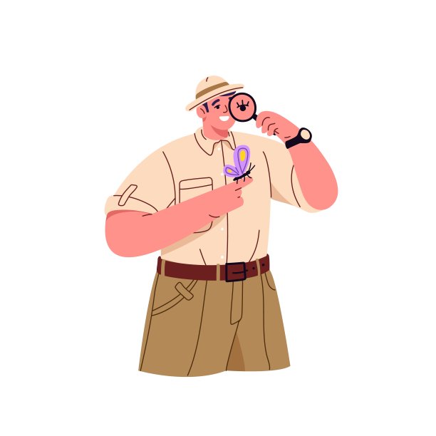 探索者研究昆虫，通过放大镜观察蝴蝶。观察和探索自然的昆虫学家。动物学业余爱好者。平面矢量插图孤立在白色背景图片下载
