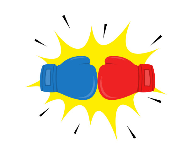拳击手套蓝、红两色互相竞争，设计扁平图片下载