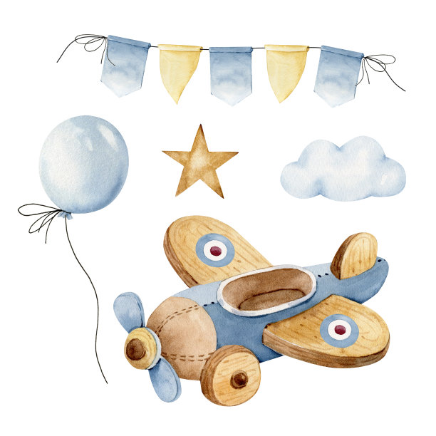 套水彩插图的老式卡通蓝色儿童飞机在云，花环和热气球。这是婴儿派对的插图图片下载