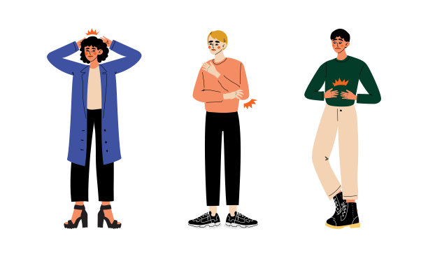 人物性格遭受痛苦的头部和胃矢量插图集图片下载