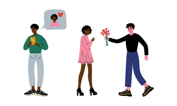 年轻的男人和女人在智能手机上的在线应用程序和有第一次约会向量集合图片下载