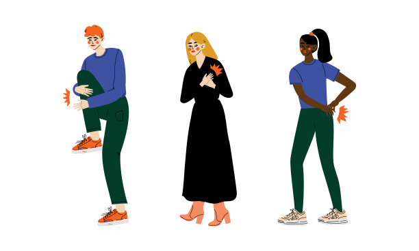 人物性格遭受痛苦的背部和心脏矢量插图集图片下载