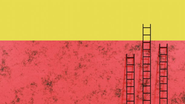 红色水泥墙和黄色天空背景上的踏步梯。经营理念和创意理念。3 d渲染插图。图片下载