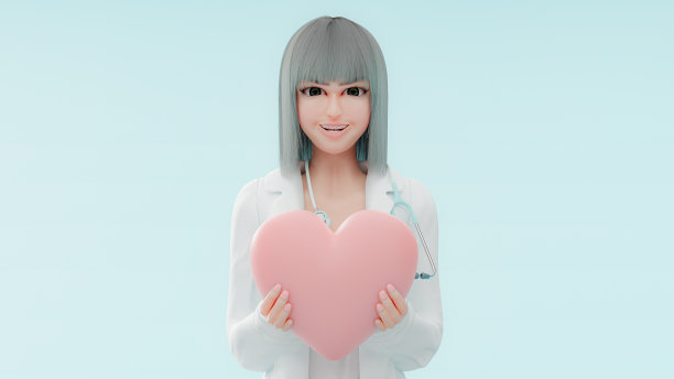 年轻的女医生捧着粉红色的心。图片下载