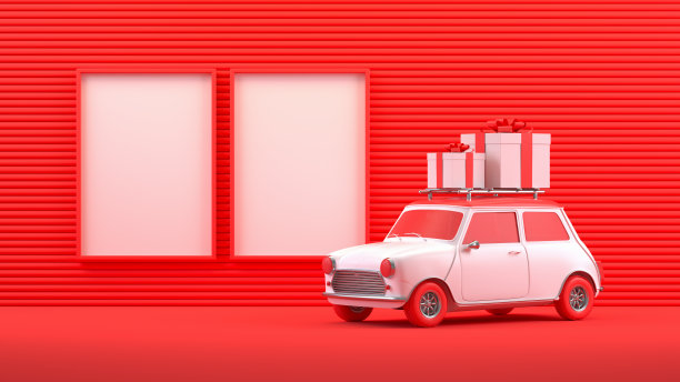 采购产品圣诞节旅行假日概念，白色汽车，礼物盒，空框架，红色背景图片下载