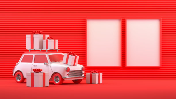 采购产品圣诞节旅行假日概念，白色汽车，礼物盒，空框架，红色背景图片下载