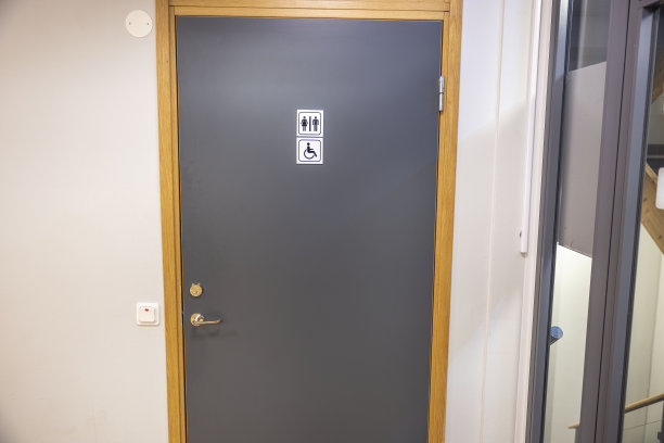 公共厕所灰色门的近景，有男女残疾人标志。瑞典。图片下载