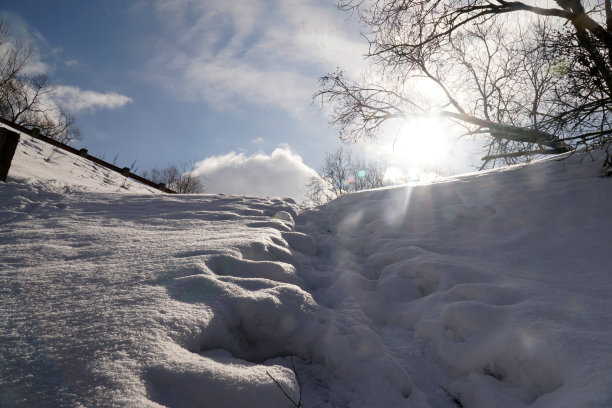 雪鞋从雪山的雪景上山从森林。晴朗的日子里，天空湛蓝，雪地上的足迹。冬季运动图片下载
