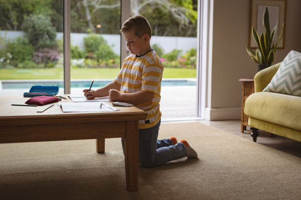 一个白人男孩坐在家里的客厅里，在书里画画图片下载