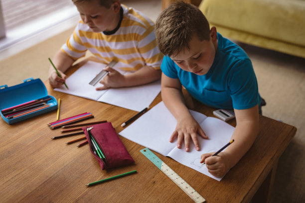 两个白人男孩坐在家里的客厅里，在书上画画图片下载