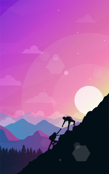 爬到山顶。援助之手。发现、探索、观察自然的旅游理念。徒步旅游。冒险。极简主义的图形传单。多边形平面设计。图片下载