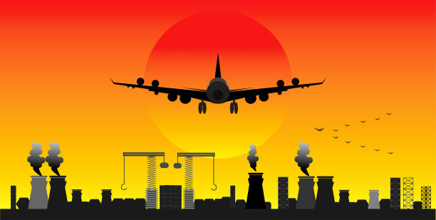 大飞机飞过大型工业工厂，在夕阳的橙色背景上。空气污染源。图片下载