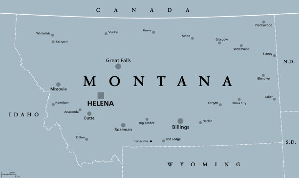 蒙大拿，MT，灰色政治地图，美国州，大天空之国图片下载