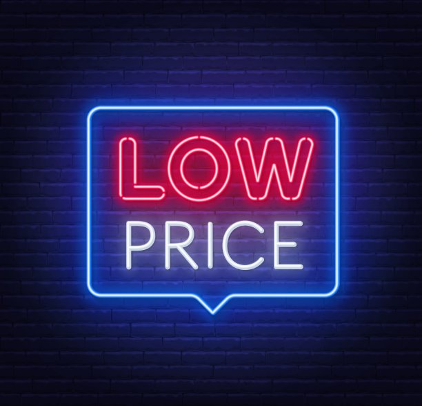 价格低廉的霓虹灯招牌在砖墙的背景上讲话气泡。图片下载