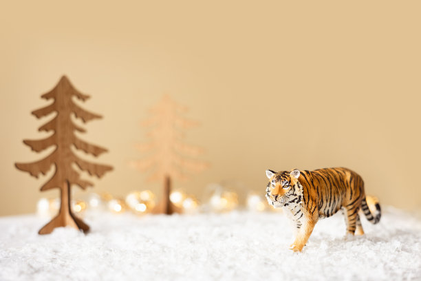 老虎的雕像，木冷杉树在雪在米色的背景。2022年中国农历新年的象征是老虎。圣诞贺卡图片下载