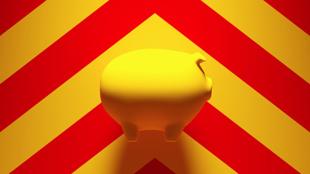 黄色小猪储蓄罐储蓄符号传统金融货币存款与黄红色背景图片下载