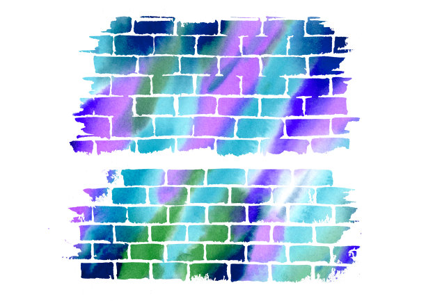 水彩彩色砖墙纹理在白色背景。紫色，绿色，蓝色和绿色水彩渐变砖图片下载