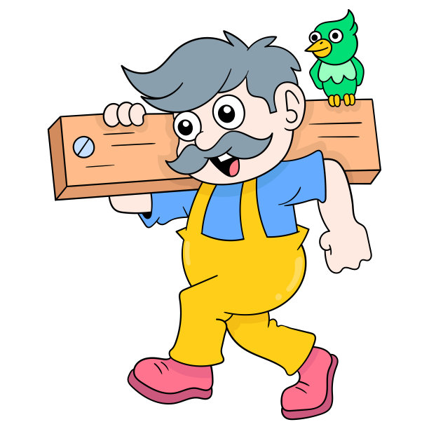 木匠背着木板走着建造，矢量插图艺术。涂鸦图标形象卡哇伊。图片下载