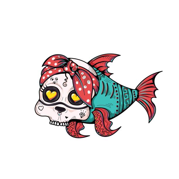 抽象可爱的鱼头骨脸，纹身和穿孔。祝福可爱的明信片。矢量插图。手绘图片下载