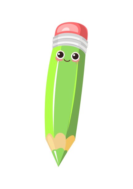 绿色铅笔和橡皮擦。开朗可爱的卡通人物。物体被隔离在白色背景上。一个好心情。用微笑塑造人格。用于绘画和创作的文具。向量。图片下载