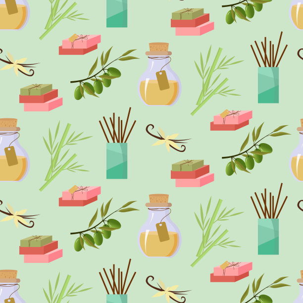 用于水疗的化妆品-天然肥皂，香草和油，橄榄和扩散器。无缝模式。图片下载