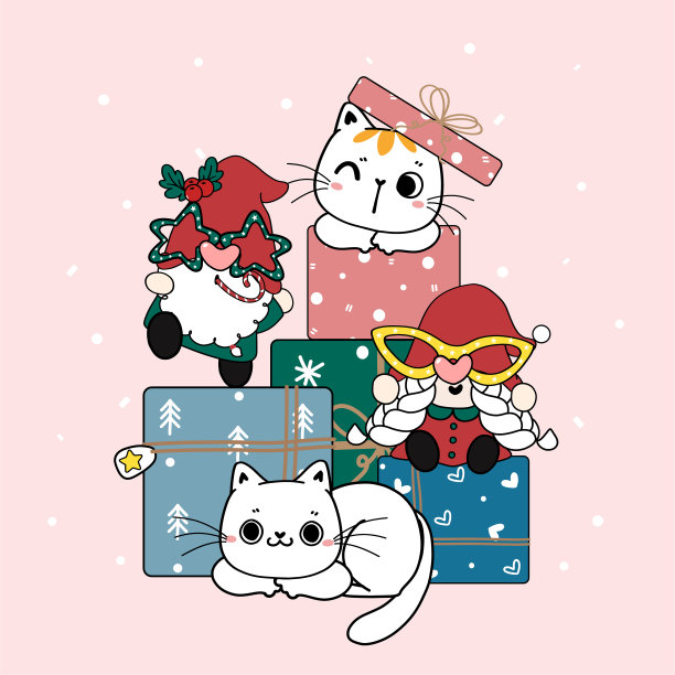 一组可爱的小猫小猫和侏儒带着一堆礼物礼盒，圣诞快乐，新年快乐，卡通手绘涂鸦平面矢量图片下载