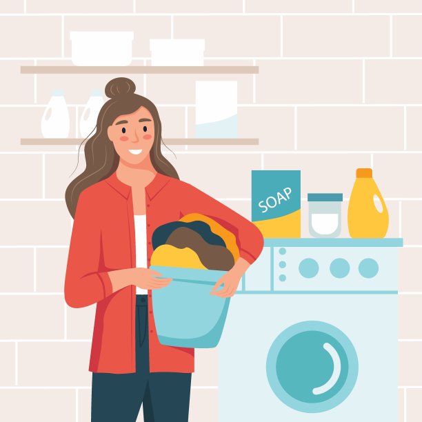 洗衣房里的快乐女人。一个小女孩在洗东西。平面可爱矢量插图图片下载