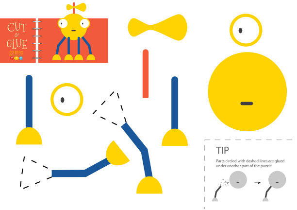 剪纸和粘纸玩具。学龄前儿童矢量教育工作表图片下载