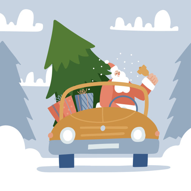 平安夜场景——快乐的圣诞老人开着一辆红色的车，带着大冷杉树和礼盒去度假。雪正在下降。路边被雪覆盖的树木。矢量平面插图图片下载