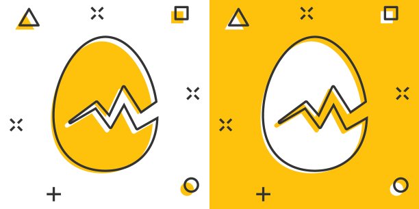 蛋图标在漫画风格。早餐卡通矢量插图的白色孤立的背景。蛋壳飞溅效果经营理念。图片下载