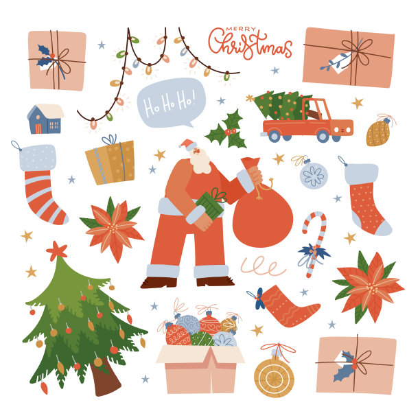 圣诞和新年的节日元素和圣诞老人的角色在白色的背景。矢量平面手绘插图图片下载
