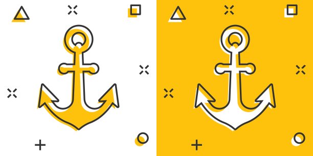 船锚图标漫画风格。船钩卡通矢量插图在白色孤立的背景。船舶设备飞溅效应经营理念。图片下载