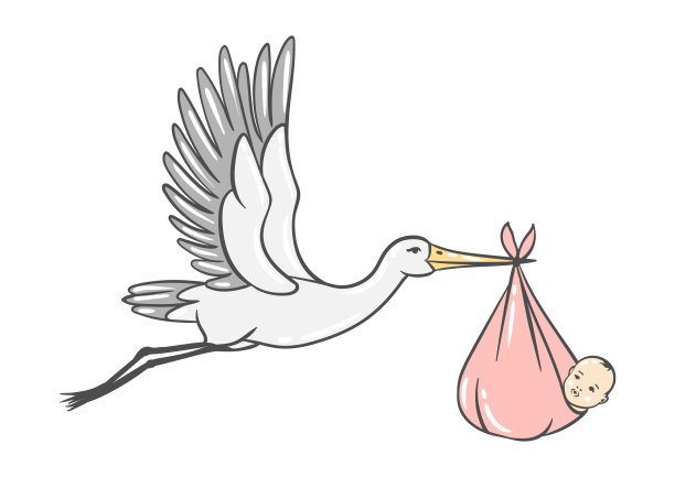 鹳的插画抱着刚出生的女婴。生日快乐的形象。节日婴儿送礼会的符号。图片下载