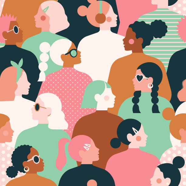 儿童肖像无缝模式。可爱的多民族的女孩。微笑和沉思的孩子们的肖像面部表情收藏。的童年。图片下载