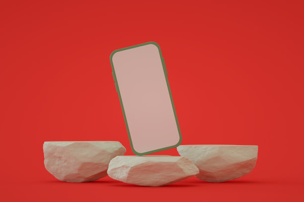 黑屏智能手机与讲台，基座，立场，最小的新年圣诞概念，红色背景图片下载